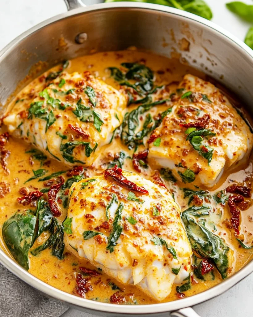 Creamy Keto Tuscan Cod with Spinach and Sun-Dried Tomatoes