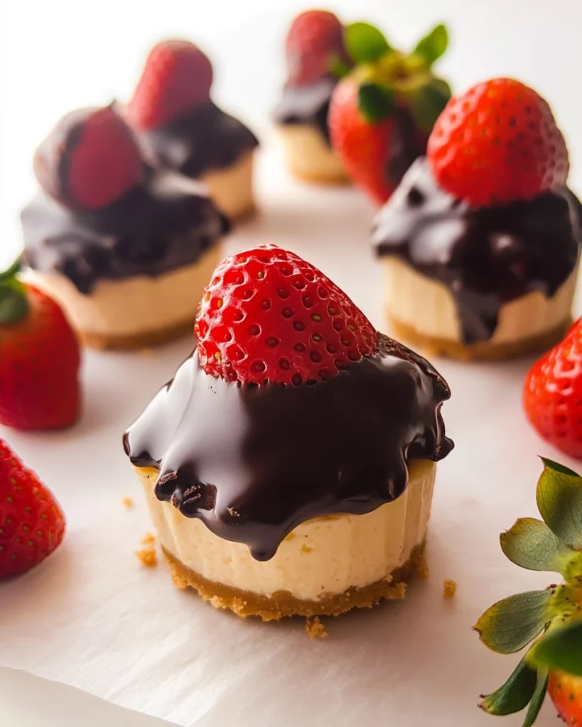 Mini Cheesecakes Topped with Chocolate Covered Strawberries