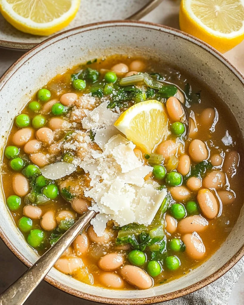 One-Pot Brothy Beans with Parmesan, Peas, and Lemon