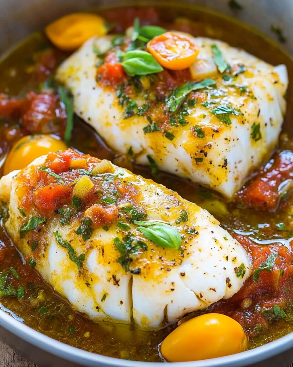 Pan-Seared Cod in White Wine Tomato Basil Sauce