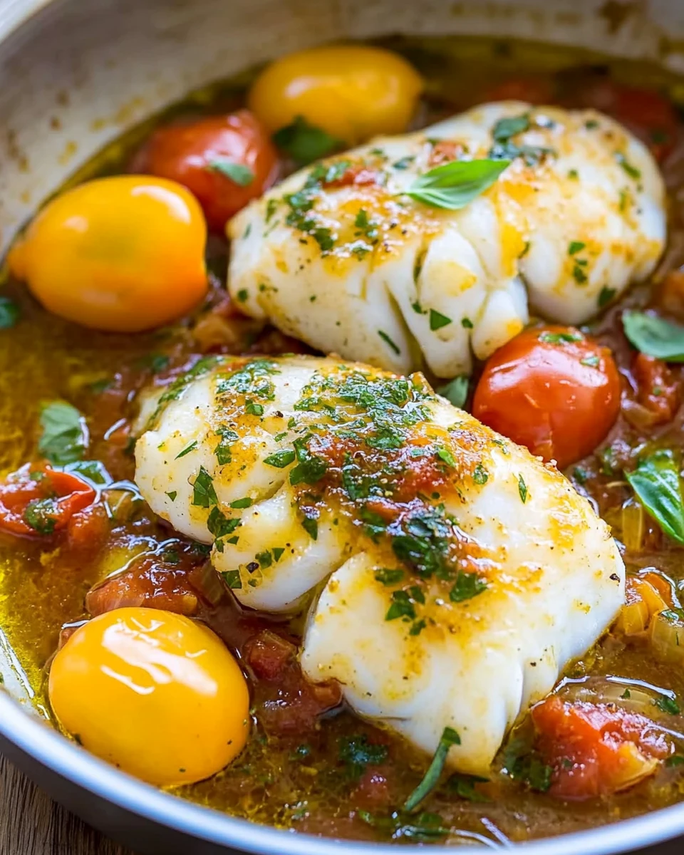 Pan-Seared Cod in White Wine Tomato Basil Sauce