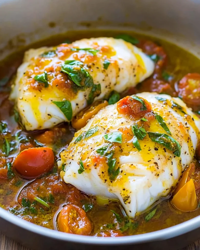 Pan-Seared Cod in White Wine Tomato Basil Sauce