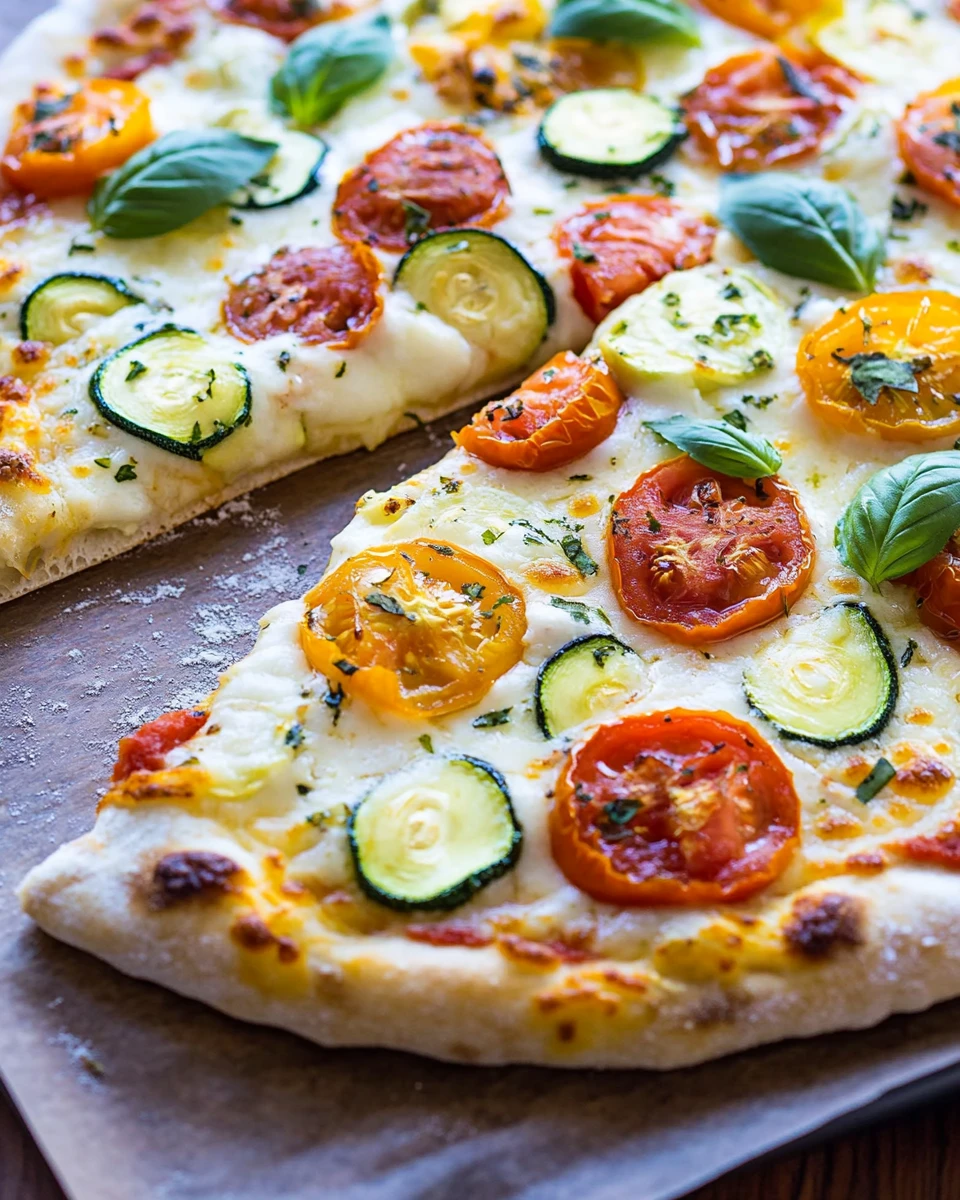White Pizza with Tomatoes, Basil, and Zucchini
