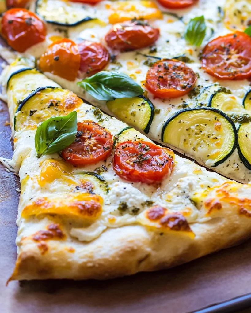 White Pizza with Tomatoes, Basil, and Zucchini