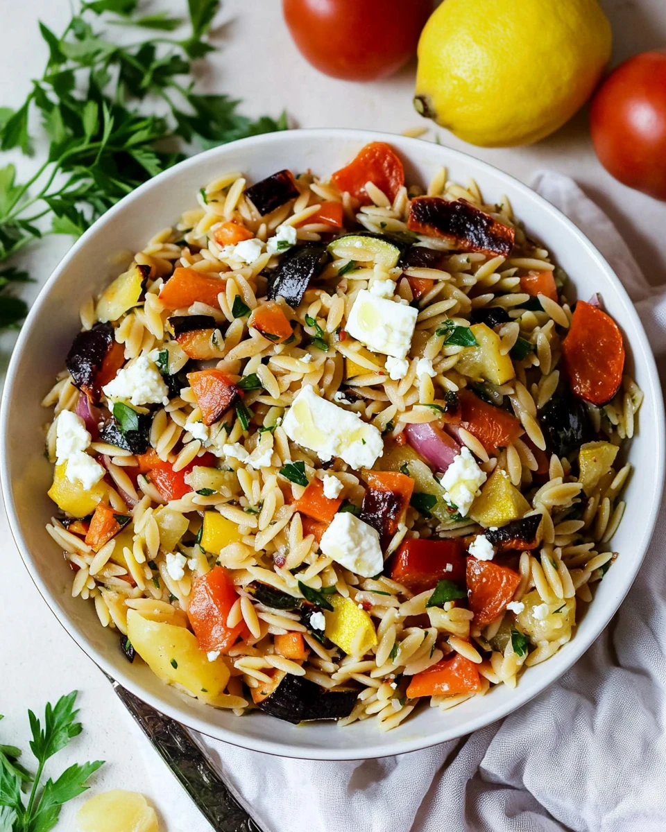 Lemon Orzo Pasta Salad with Feta and Roasted Vegetables