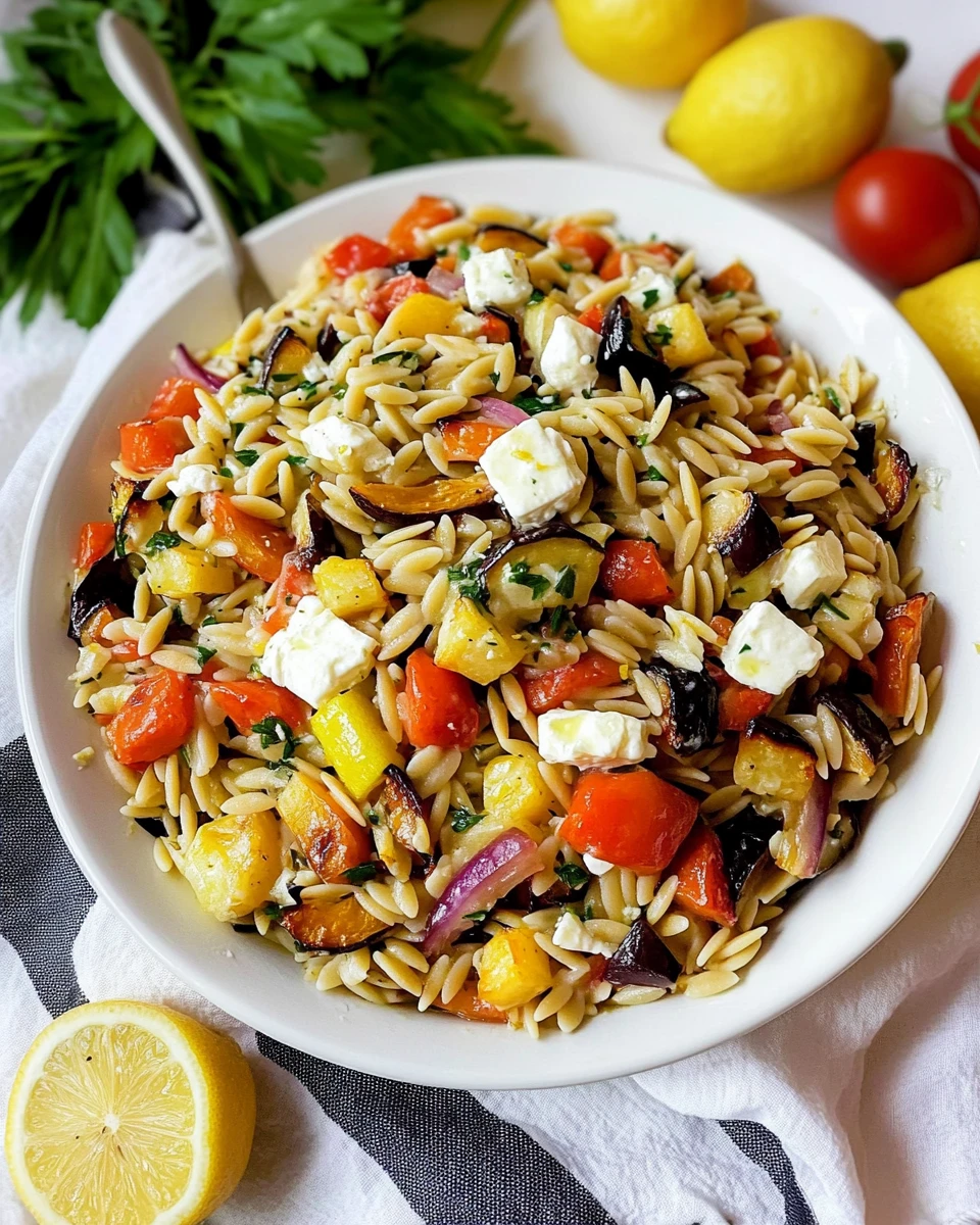 Lemon Orzo Pasta Salad with Feta and Roasted Vegetables