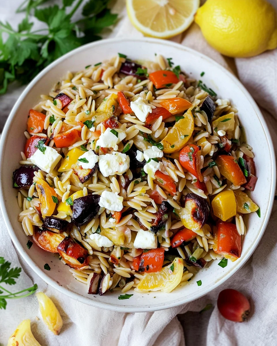 Lemon Orzo Pasta Salad with Feta and Roasted Vegetables