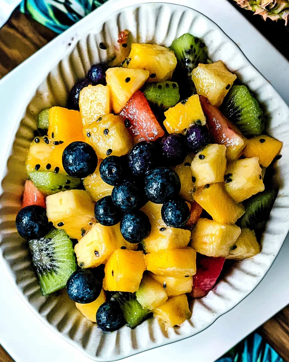 Colorful tropical fruit salad with mango, pineapple, and honey-lime dressing | Summer recipe