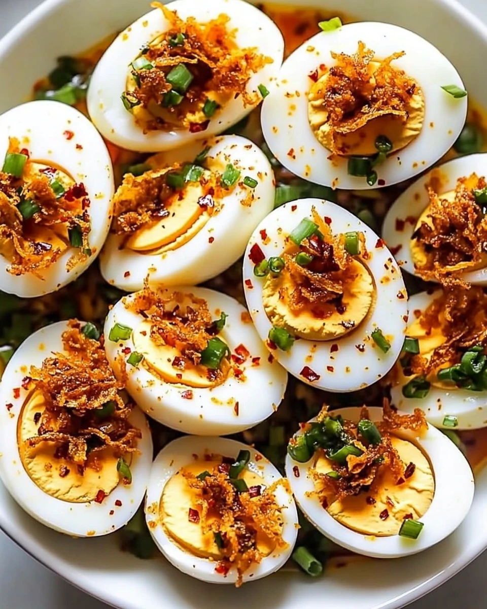 Spicy Deviled Eggs with Crispy Shallots