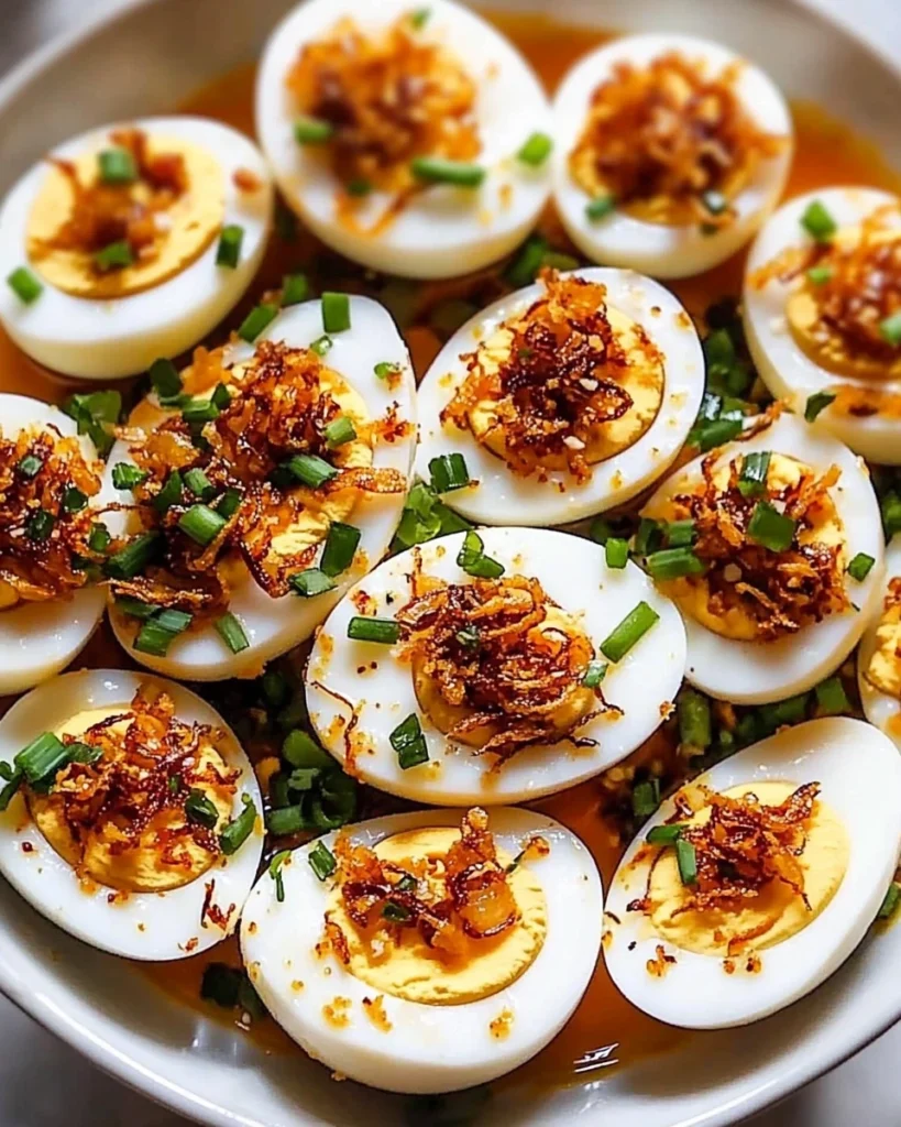 Spicy Deviled Eggs with Crispy Shallots