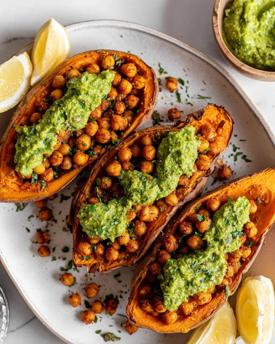 Baked Sweet Potatoes w/ Chickpeas & Broccoli Pesto
