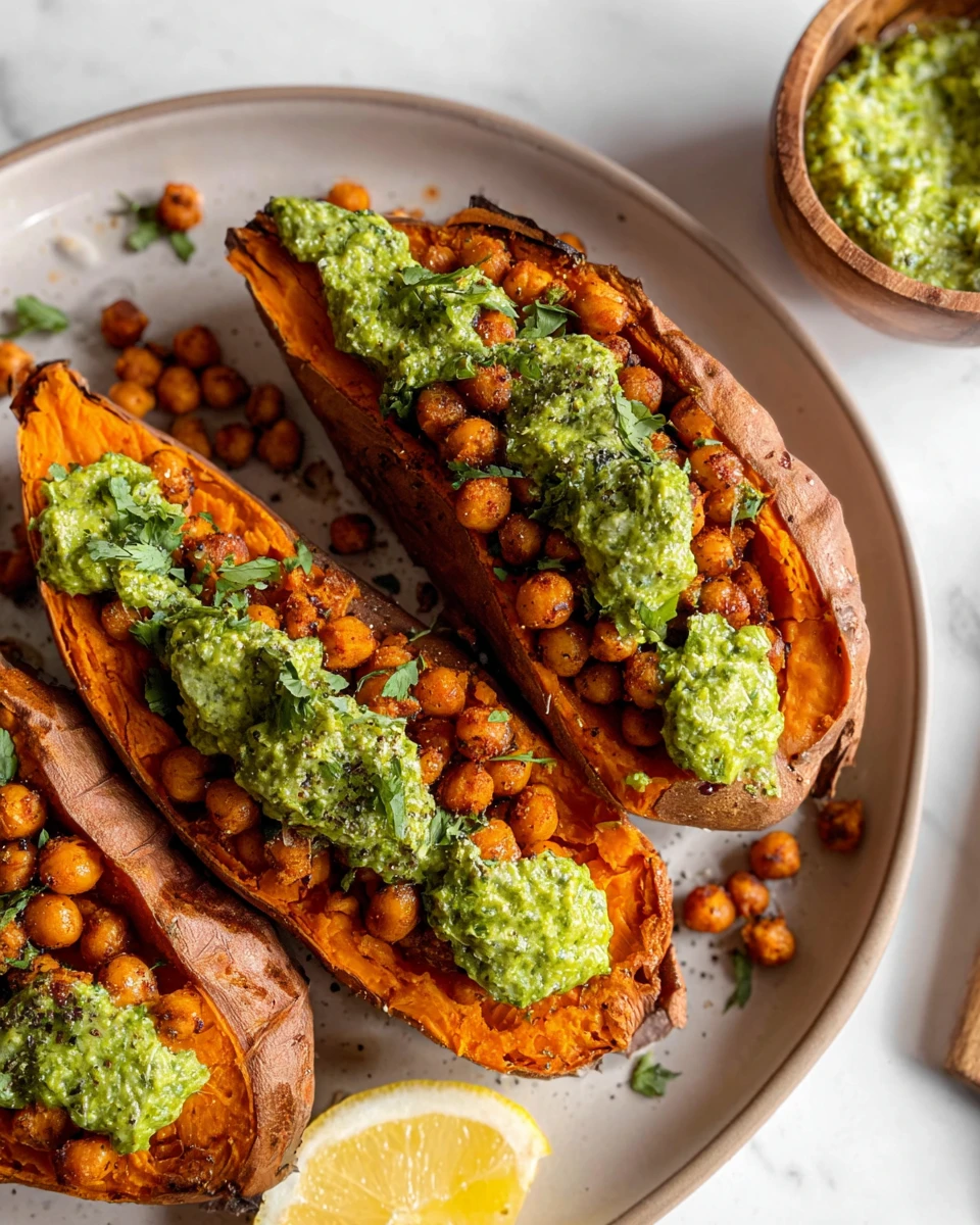 Baked Sweet Potatoes w/ Chickpeas & Broccoli Pesto