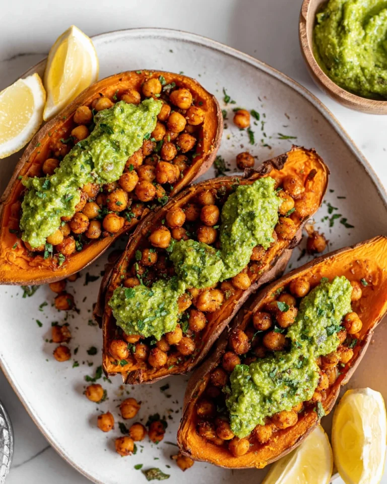 Baked Sweet Potatoes w/ Chickpeas & Broccoli Pesto