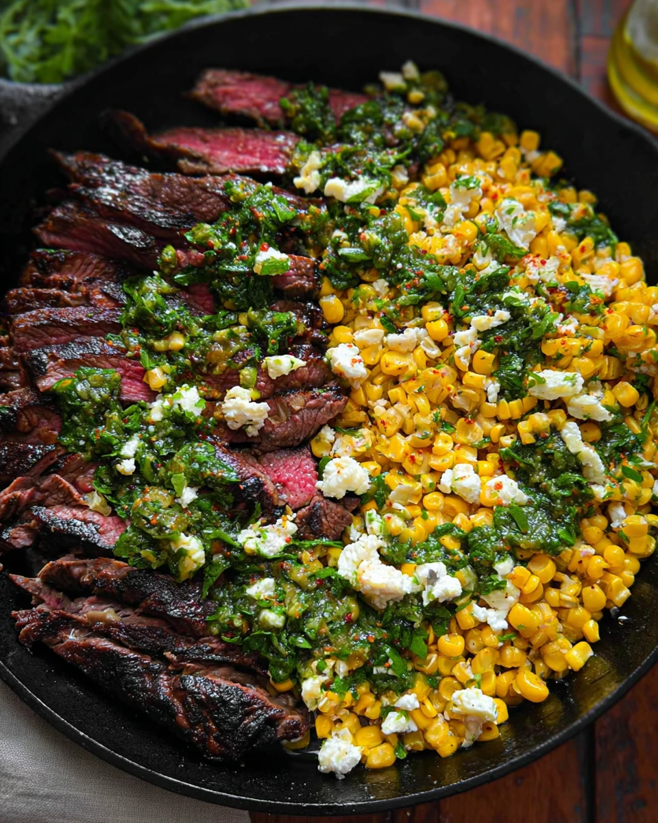 Flank Steak with Corn, Feta, and Spinach Sauce