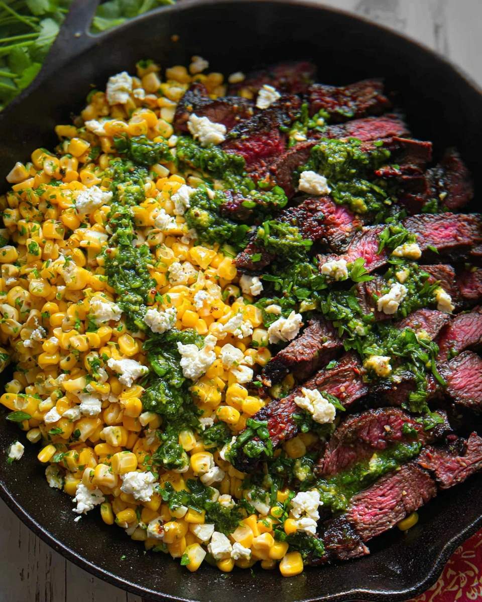 Flank Steak with Corn, Feta, and Spinach Sauce