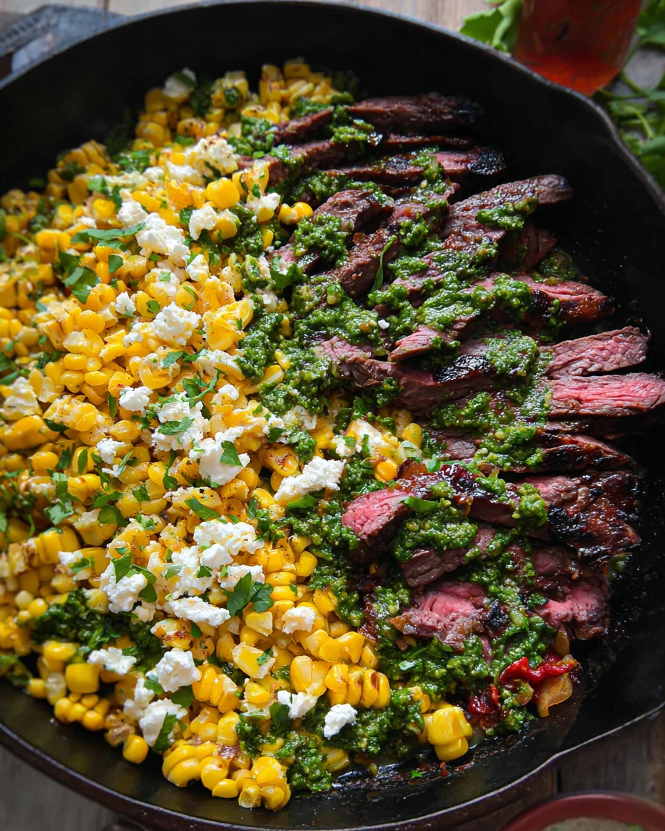 Flank Steak with Corn, Feta, and Spinach Sauce