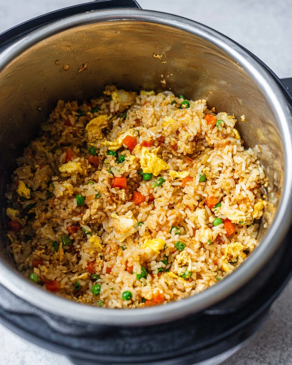 Quick Instant Pot fried rice with vegetables and soy sauce in dark bowl