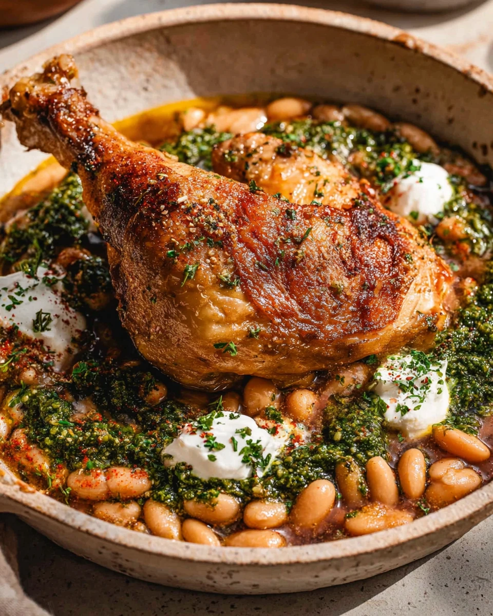 One-Pan Crispy Chicken with Cannellini Beans and Pistachio Pesto