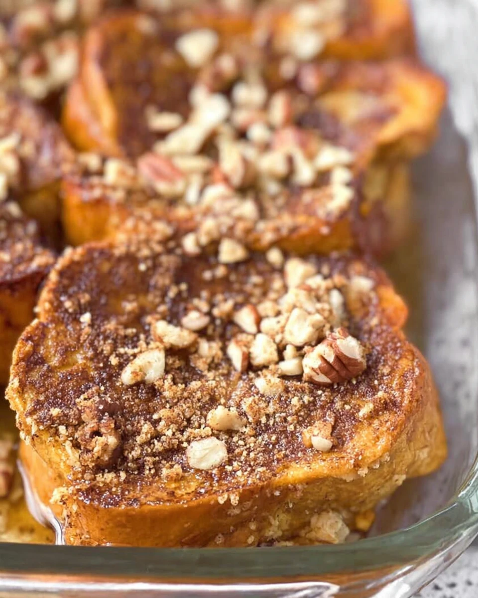 Pumpkin Stuffed French Toast with Pecan Crumble Topping