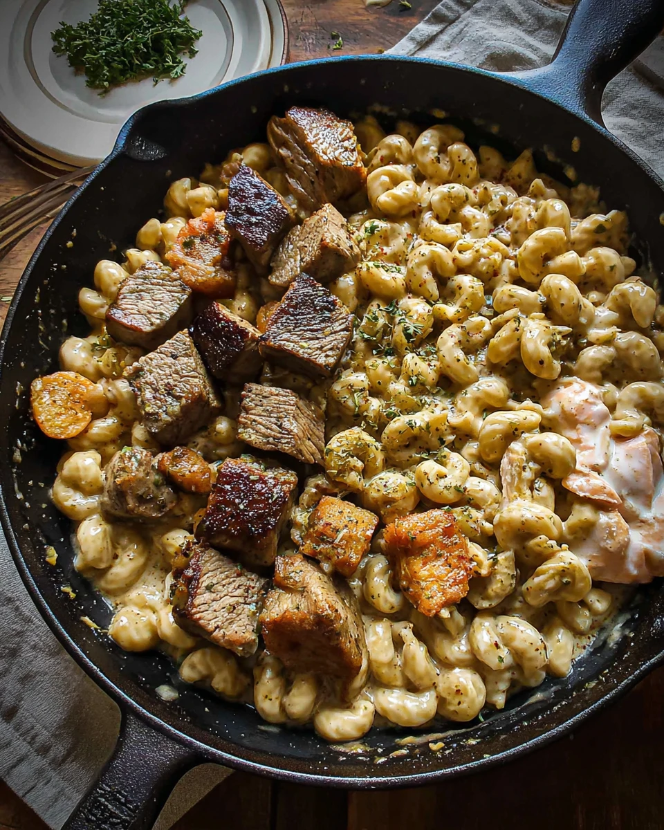 Blackened Steak and Salmon Alfredo