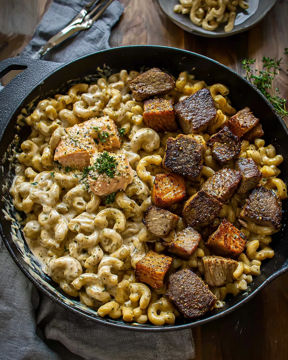 Blackened Steak and Salmon Alfredo