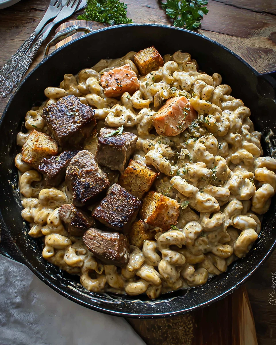 Blackened Steak and Salmon Alfredo