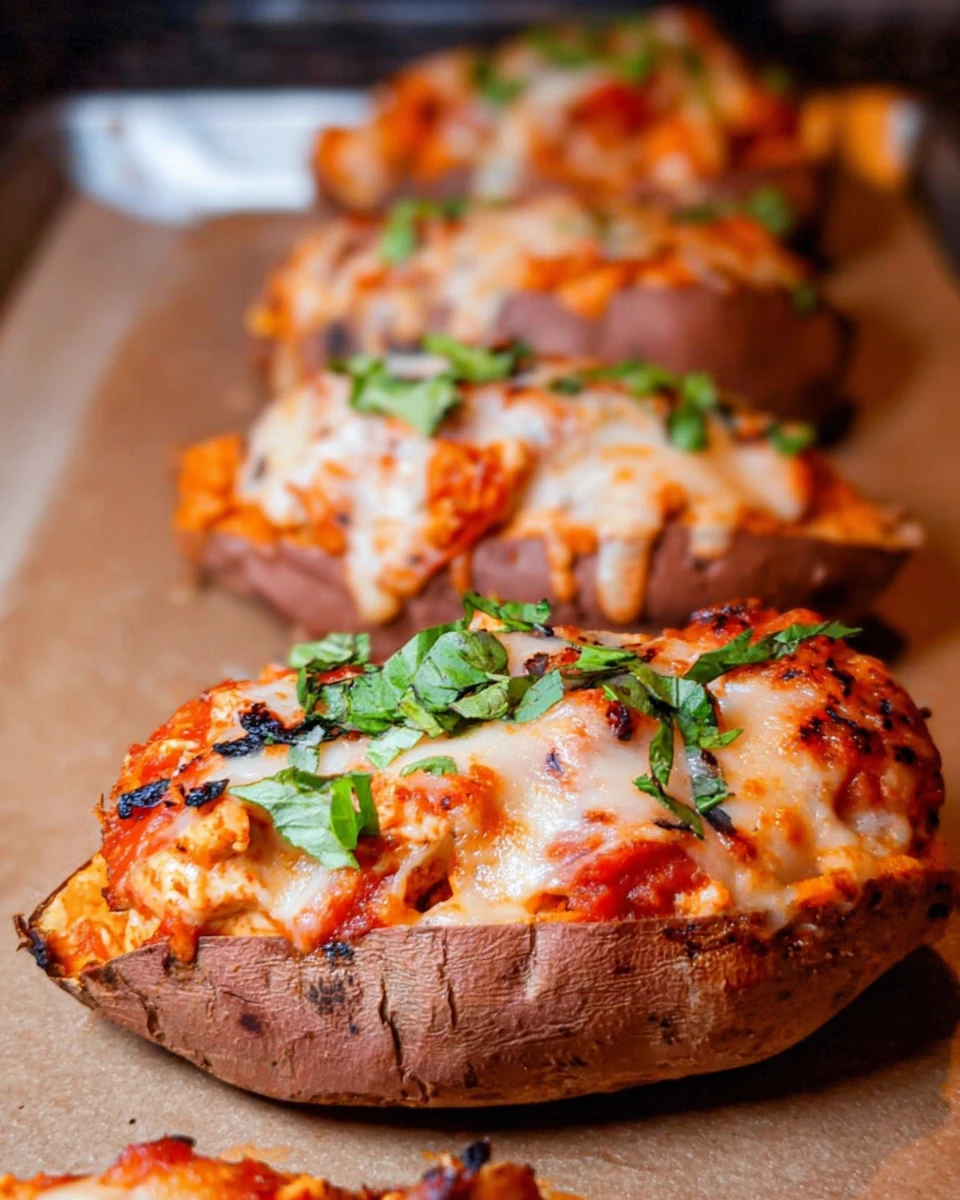 Healthy Chicken Parm Stuffed Sweet Potatoes