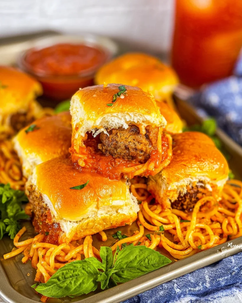 Spaghetti and Meatball Sliders on Hawaiian Rolls