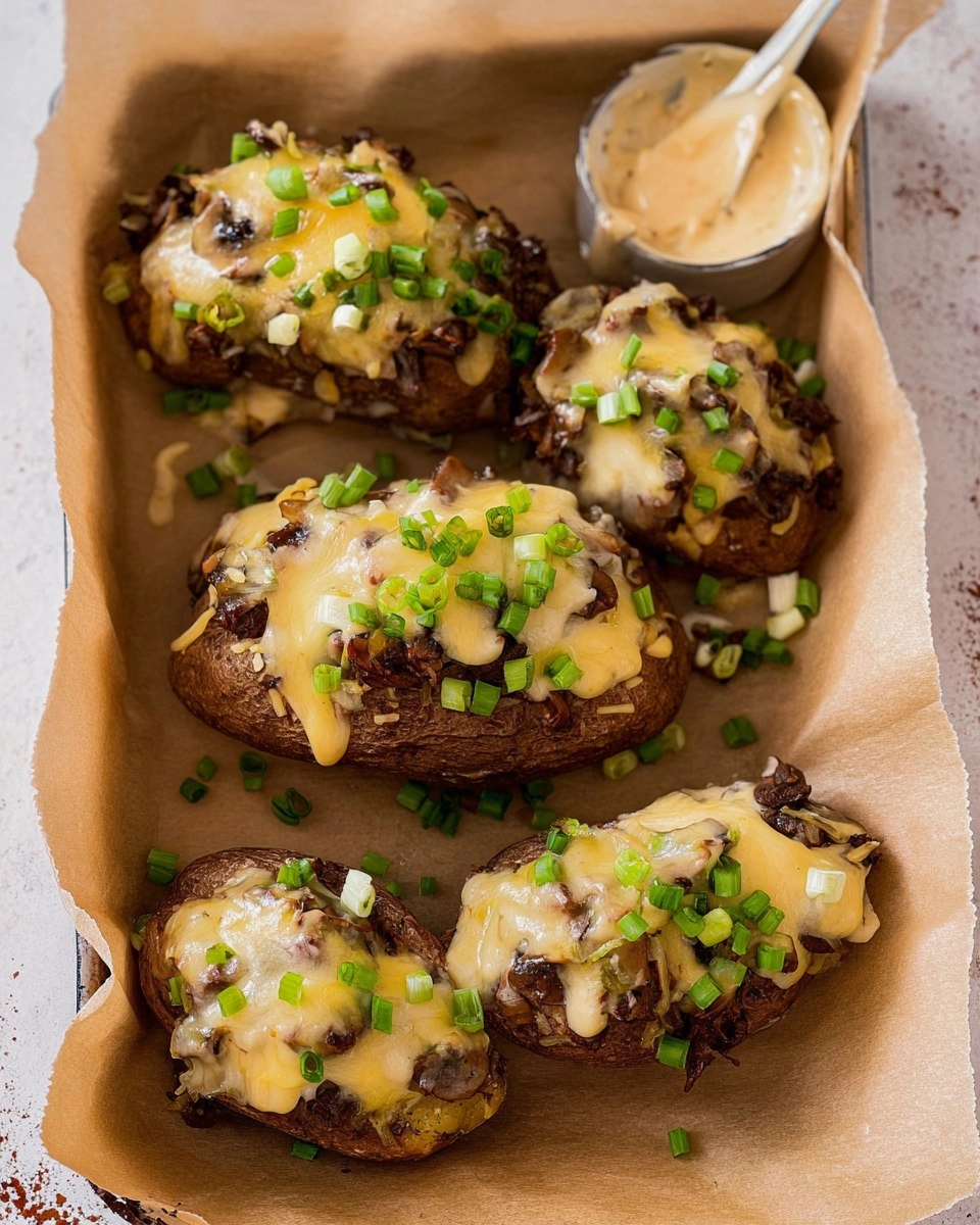 Mushroom Swiss Cheeseburger Stuffed Potatoes with Dijonnaise