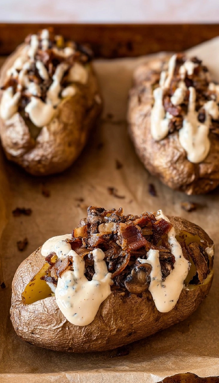 Mushroom Swiss Cheeseburger Stuffed Potatoes with Dijonnaise
