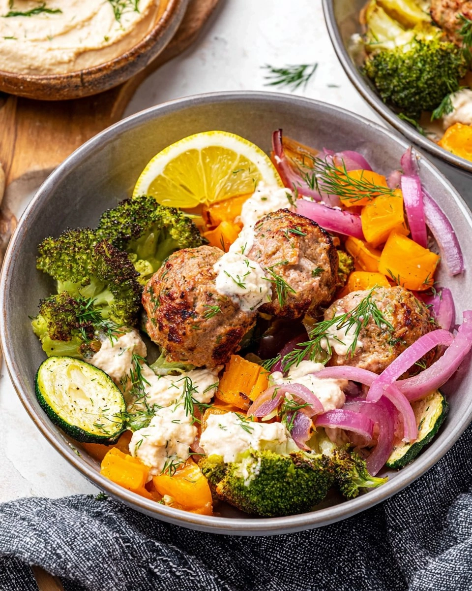 Sheet Pan Mediterranean Meatball Bowls with Roasted Vegetables and Hummus