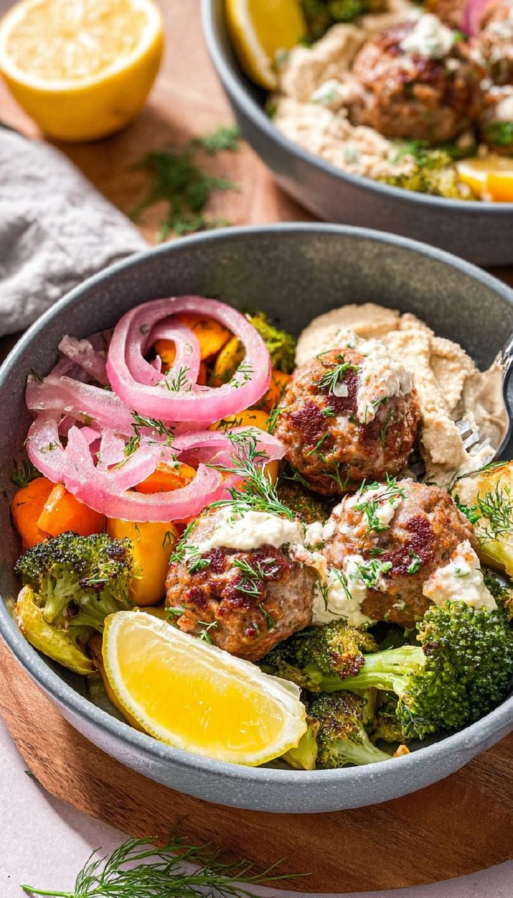 Sheet Pan Mediterranean Meatball Bowls with Roasted Vegetables and Hummus