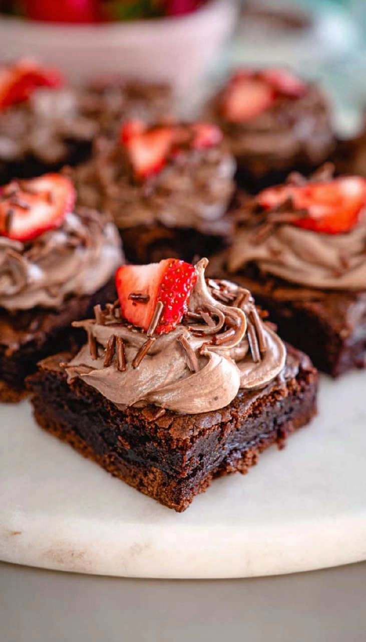Brownies with Whipped Chocolate Frosting & Strawberries