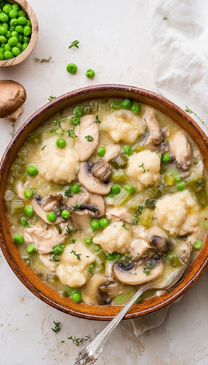 Chicken and Dumplings with Leeks, Mushrooms and Peas