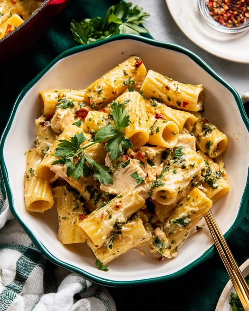 Dump-and-Bake-Pesto-Alfredo-Chicken-Pasta-Recipe
