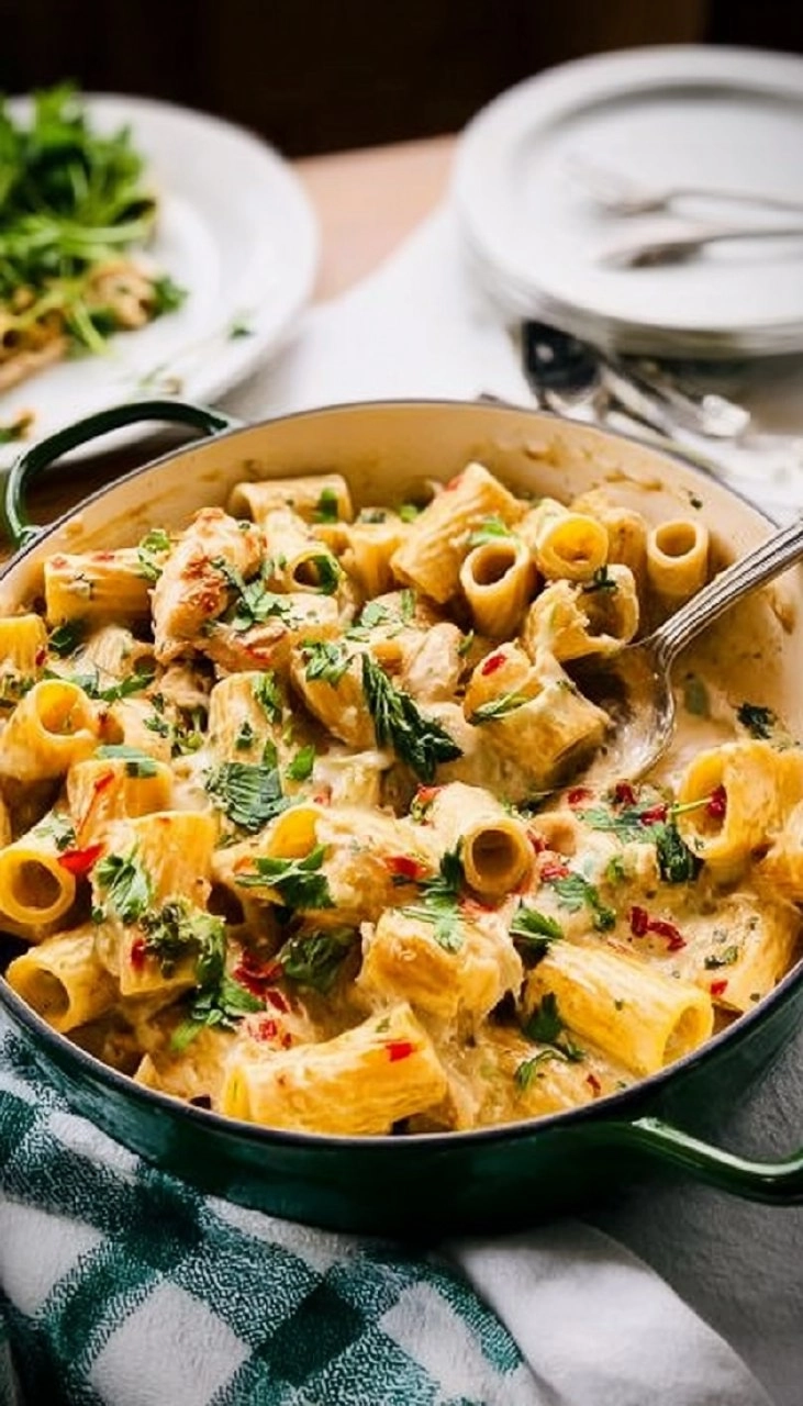 Dump-and-Bake Pesto Alfredo Chicken Pasta