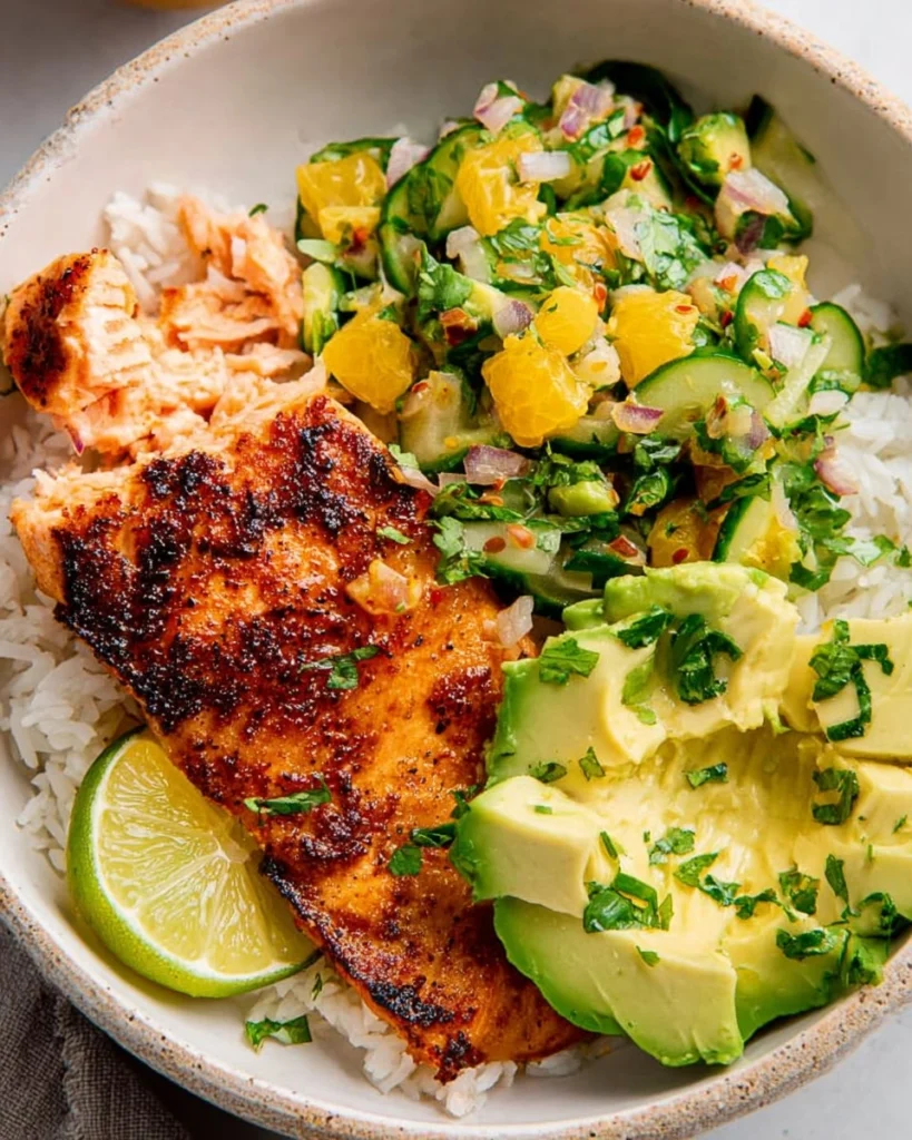 Air-fryer-salmon-bowl-with-avocado-orange-salsa-Recipe