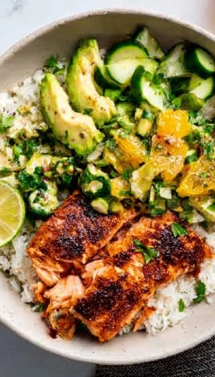 Air fryer salmon bowl with avocado orange salsa