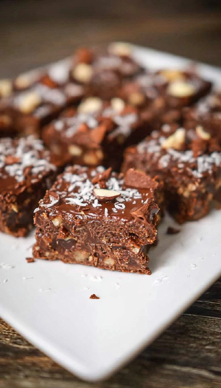 No Bake Fudgy Dark Chocolate Coconut Almond Brownie Bars