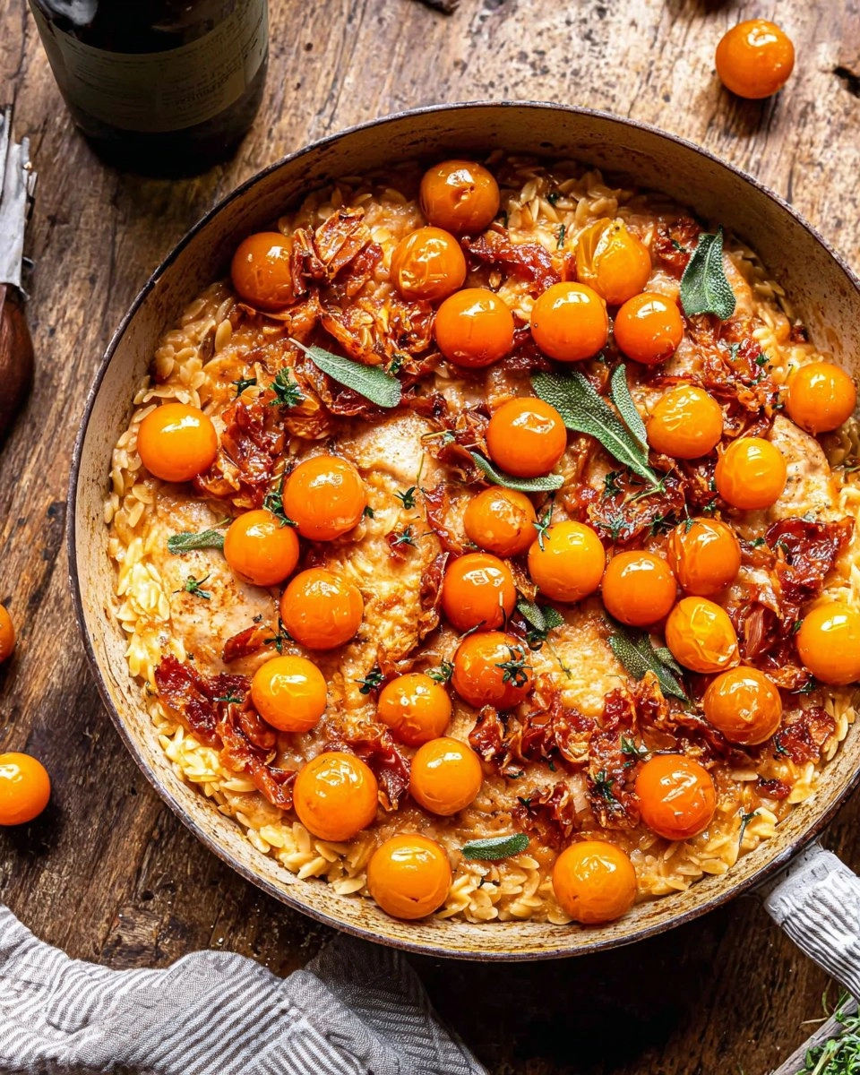 One Skillet Sun Gold Tomato Chicken and Orzo.