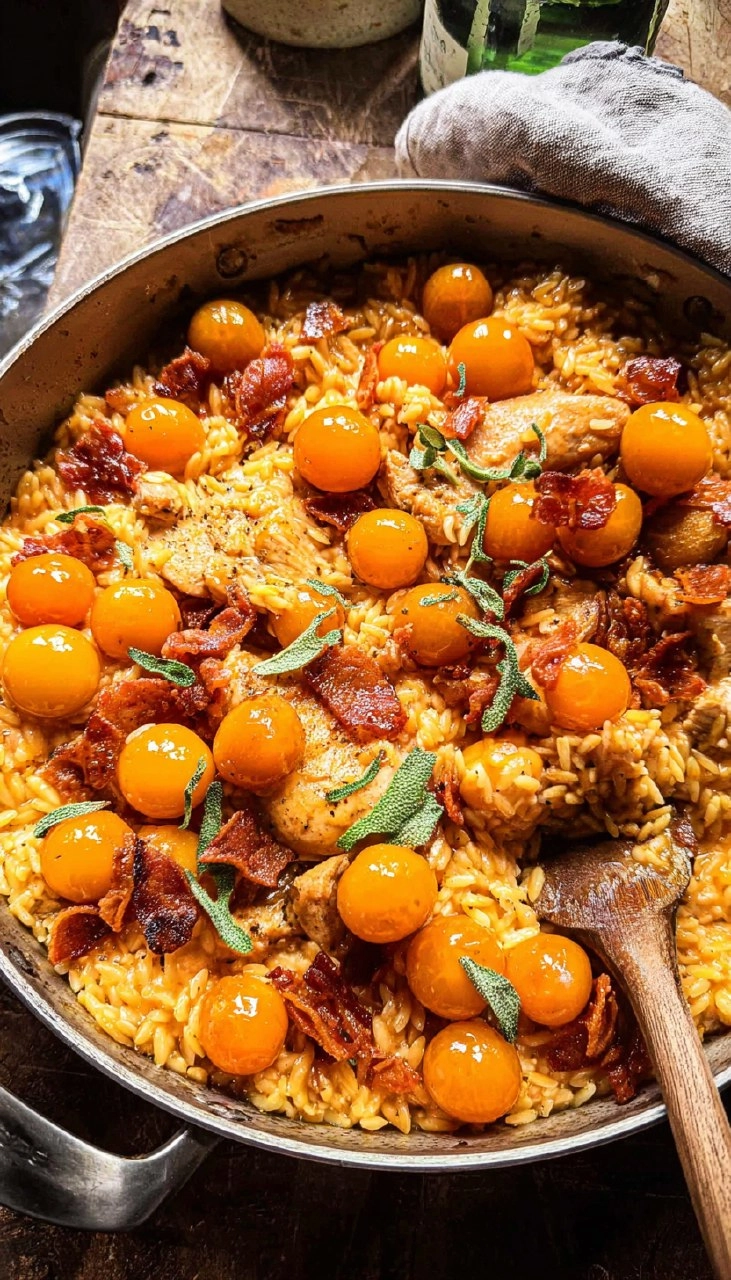 One Skillet Sun Gold Tomato Chicken and Orzo.