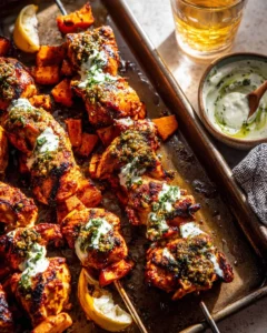 Sheet-Pan-Lemon-Garlic-Chicken-with-Sweet-Potatoes-and-Feta-Yogurt-Sauce.-Recipe