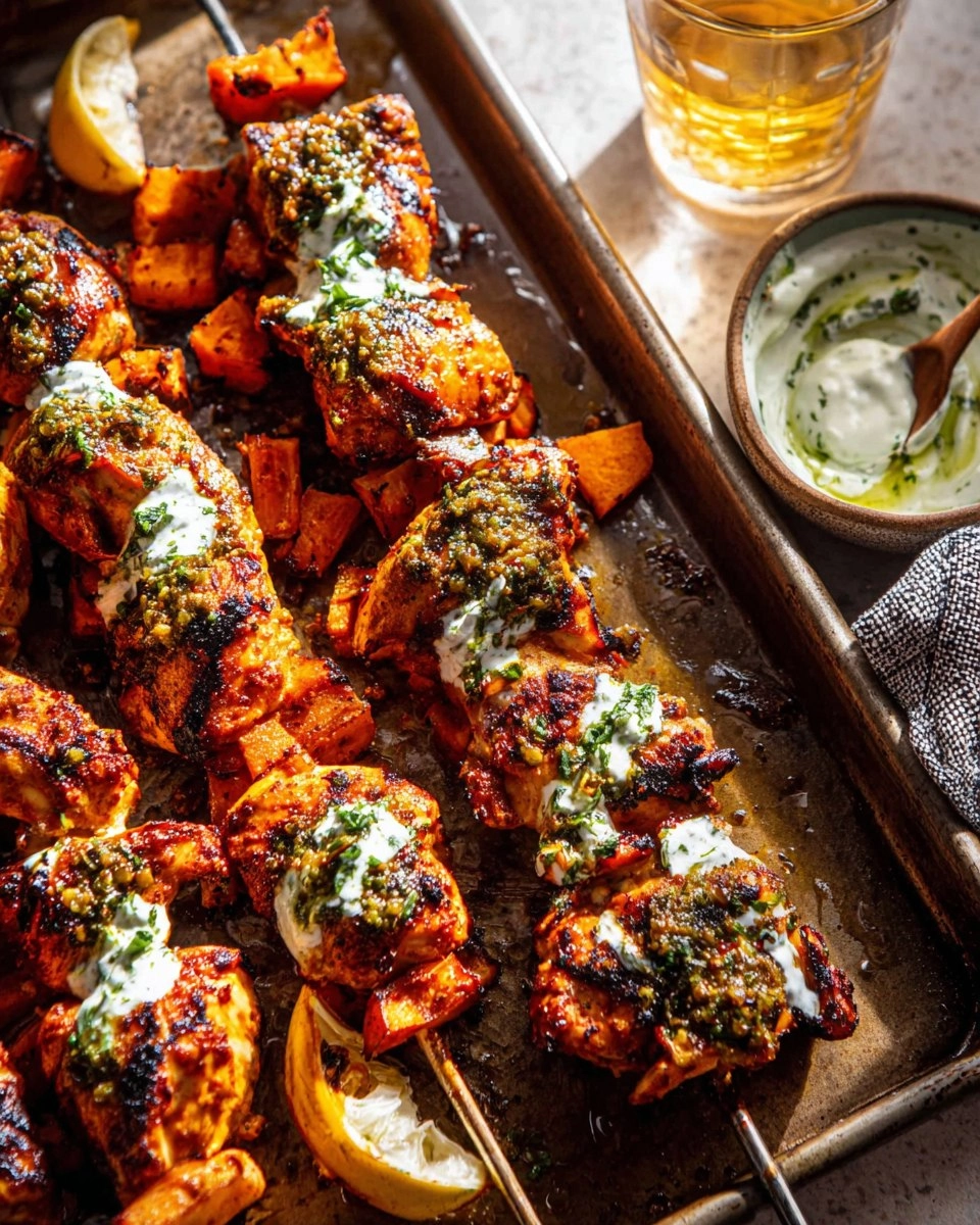 Sheet Pan Lemon Garlic Chicken with Sweet Potatoes and Feta Yogurt Sauce.