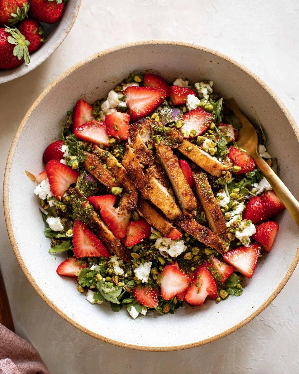 Strawberry Pistachio Salad with Crispy Chicken.