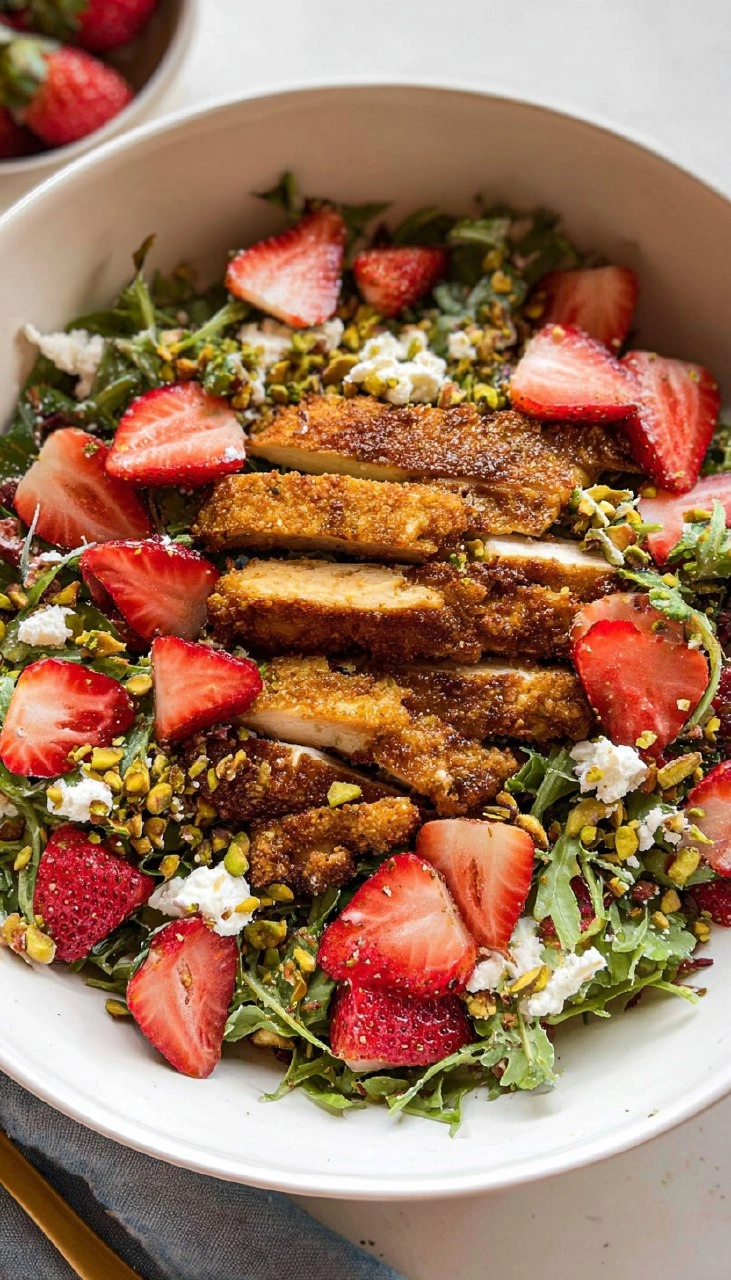 Strawberry Pistachio Salad with Crispy Chicken.