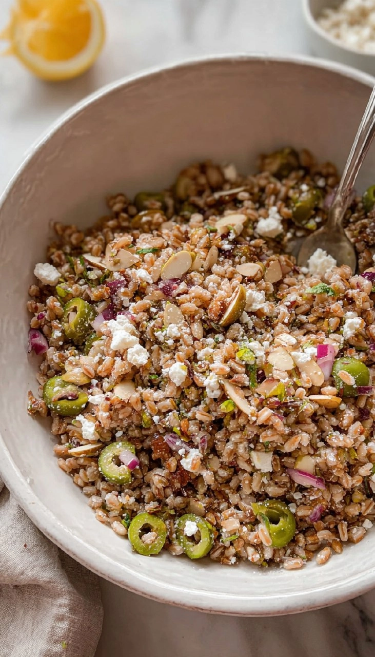 Lemony Farro Salad with Olives, Almonds & Feta