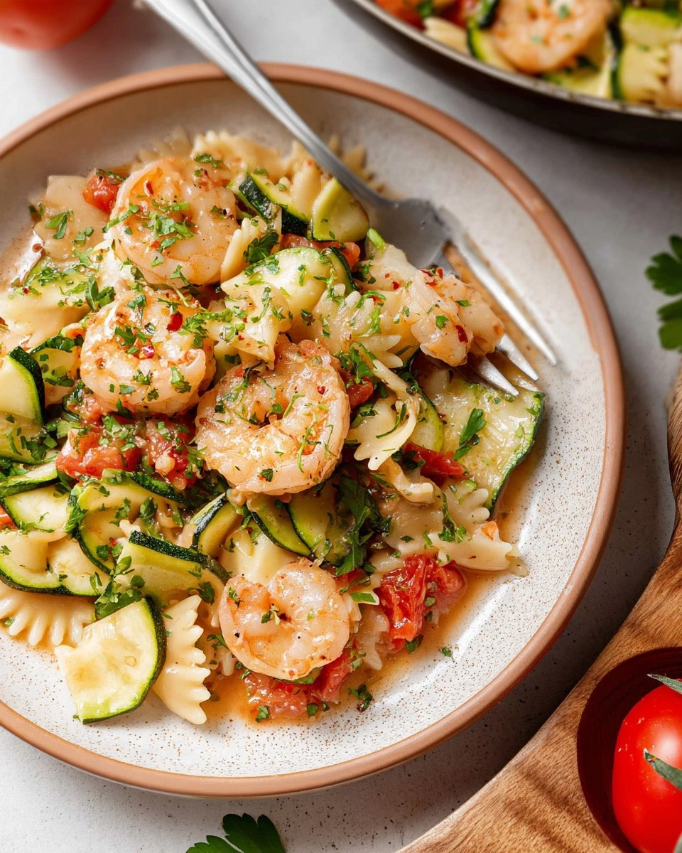 Shrimp and Zucchini Pasta in Light Tomato Sauce