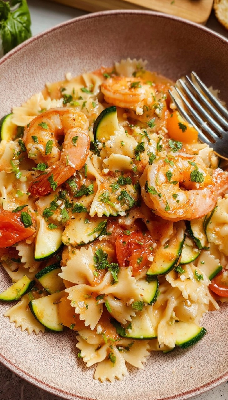 Shrimp and Zucchini Pasta in Light Tomato Sauce